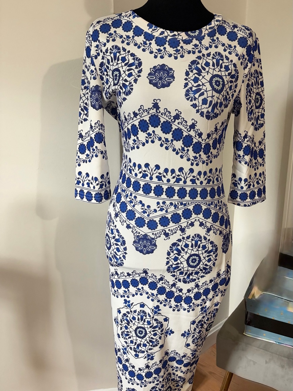 SHEIN White Midi Dress with Blue Floral Medallion Print